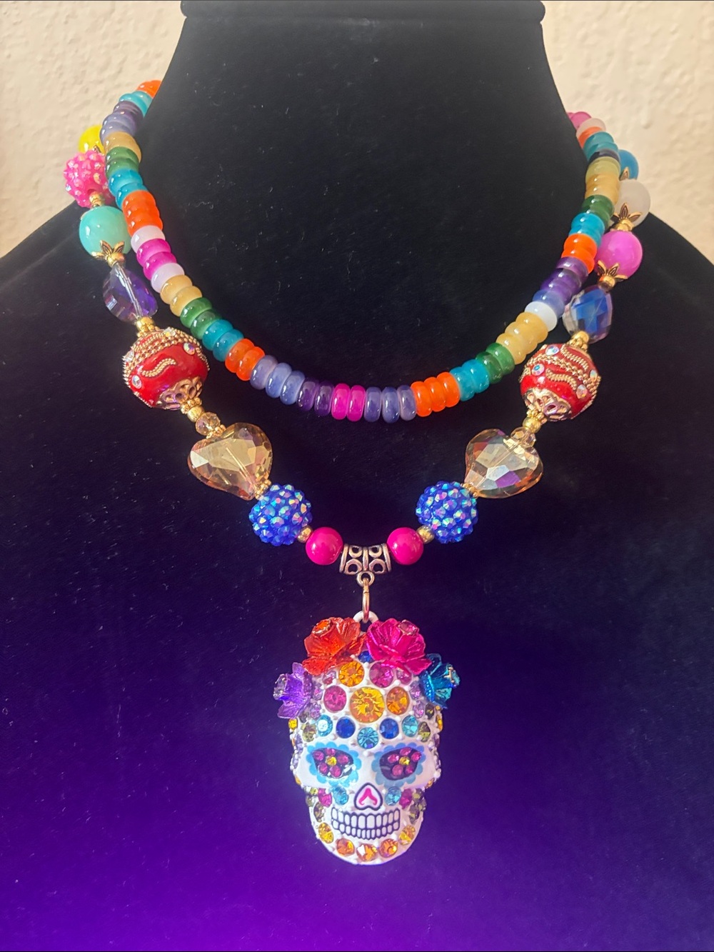 Multicolor Beaded Skull Pendant Necklace - Vibrant Colorful Jewelry
